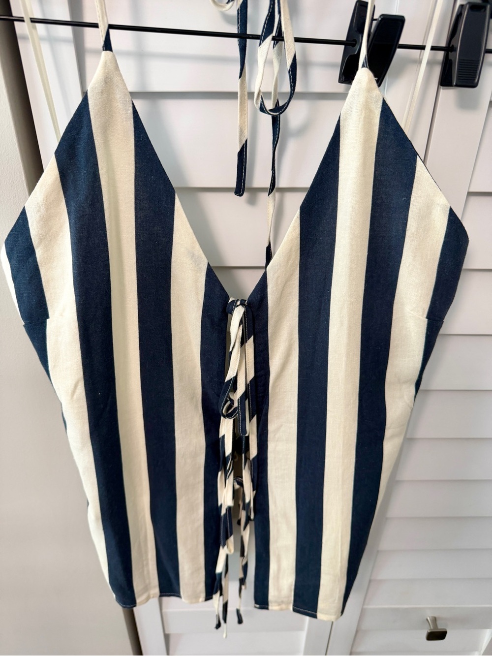 EVERY Navy White Stripe Linen Blend Halter Top Open Back Tie Blouse Size L NWT